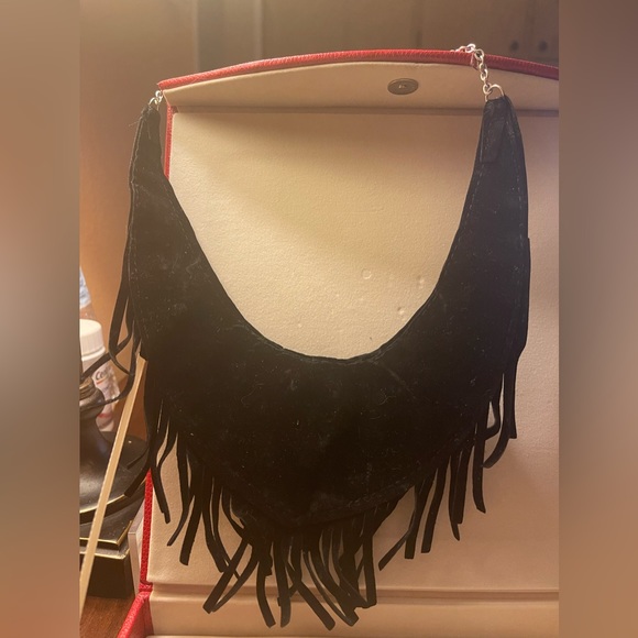 💀 Sugar Skull, Day of the Dead, Black Suede Fringe, Collar Necklace - Picture 3 of 4